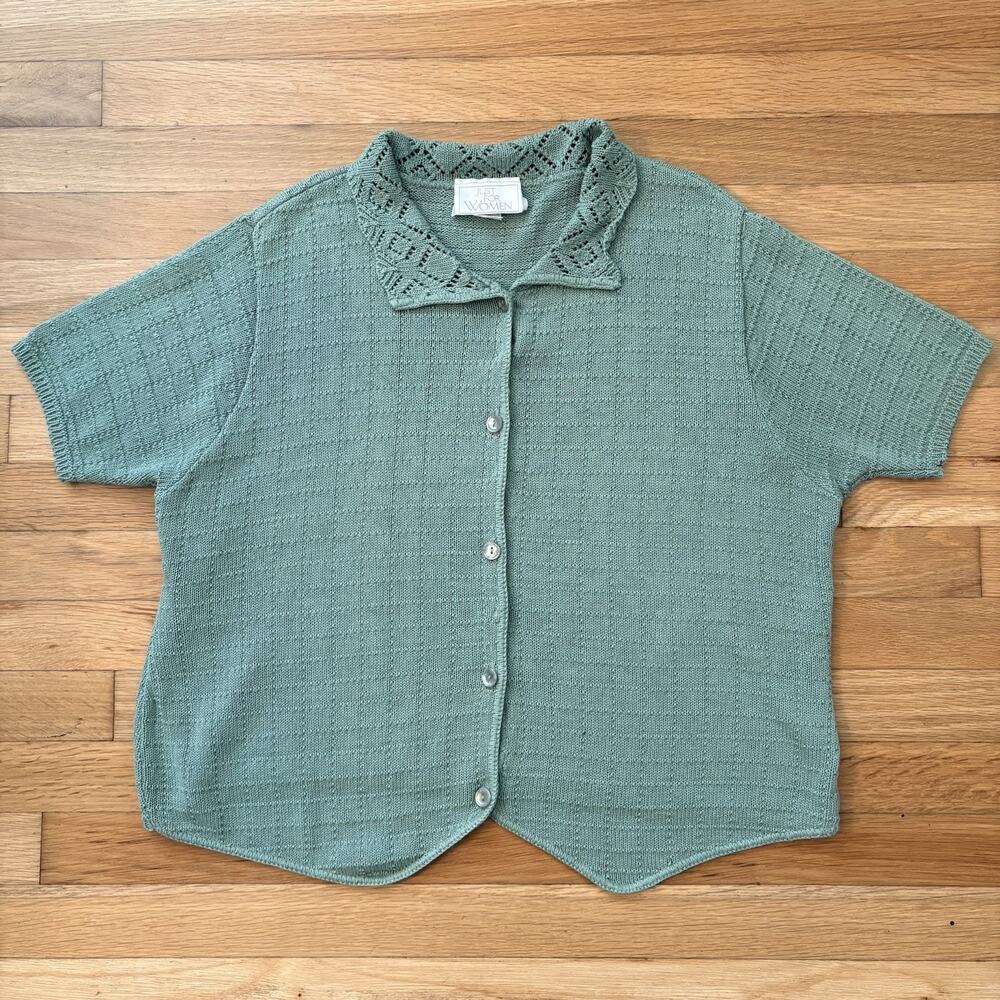 Vintage Sage Green Collared Cardigan Sweater Crochet Short Sleeve Cottage Garden